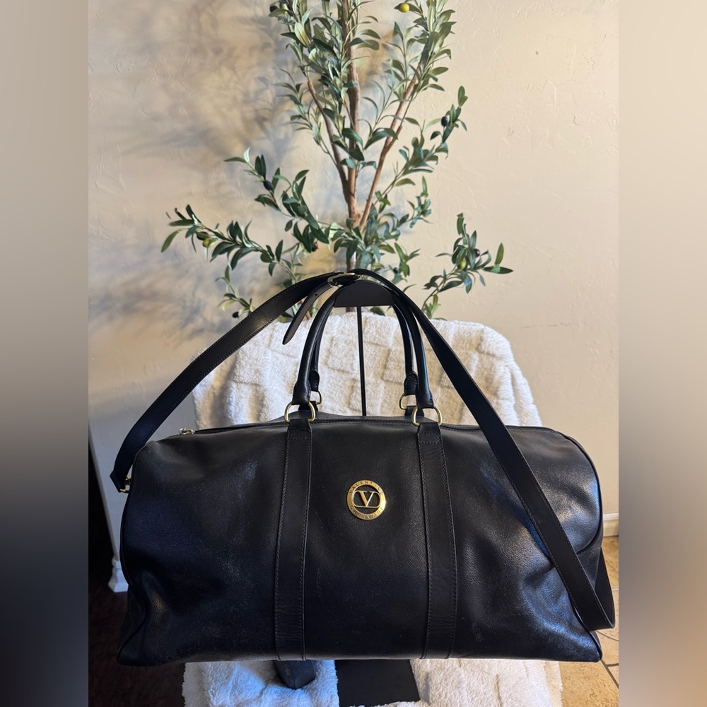 Vintage Valentino Garavani Black Leather Travel Duffle with Gold Logo